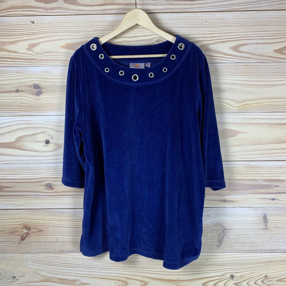 Quacker Factory Top Womens 1X Blue Velour Rhinestone Grommet 3/4 Sleeve Blouse